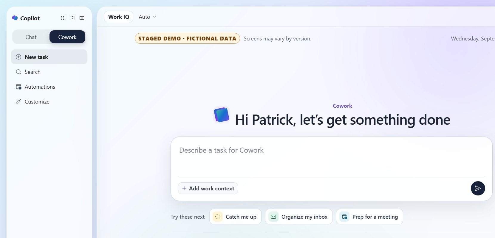 Microsoft 365 Copilot with Cowork selected in the toggle next to Chat and an empty Cowork task box