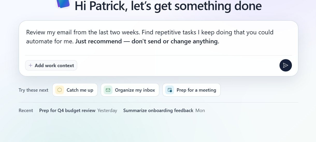 The Cowork task box containing the request to review two weeks of email and recommend repetitive tasks