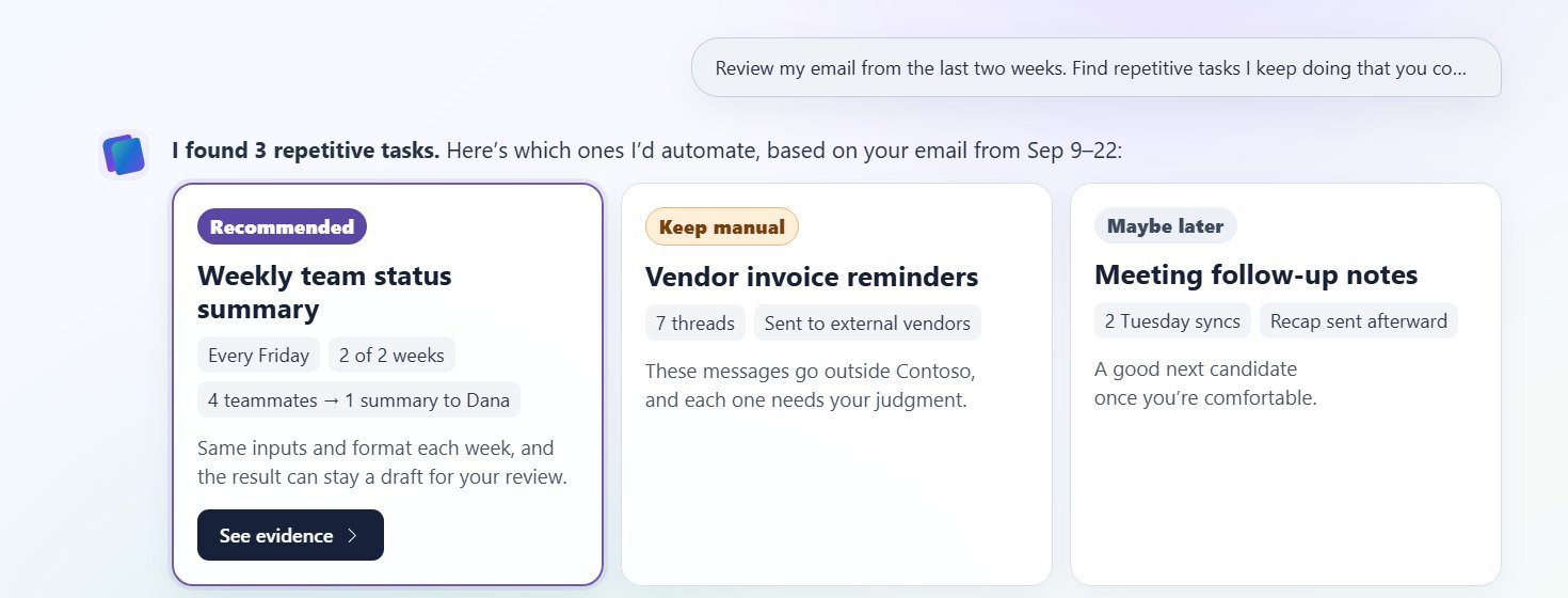 Cowork recommending a weekly team status summary, marking vendor invoice reminders as keep manual and meeting follow-up notes as maybe later