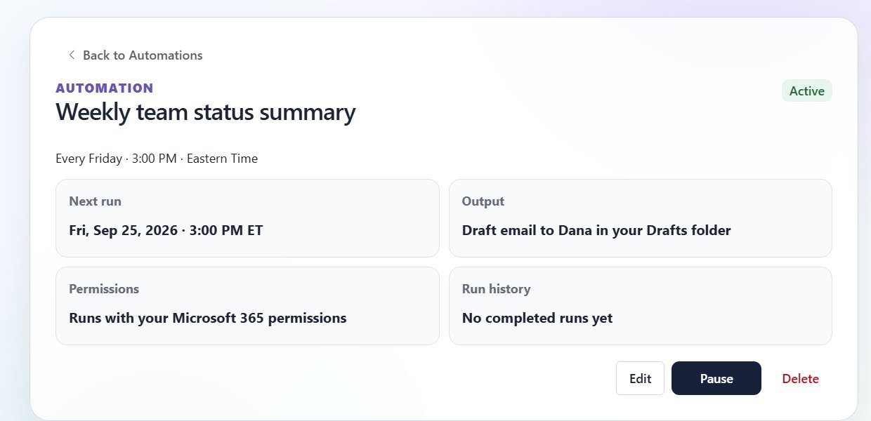 Automation details showing the next run, draft output, permissions, run history, and Edit, Pause and Delete controls