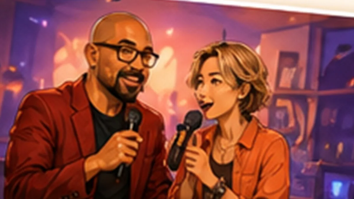 Patrick and Su talk into microphones, mid-conversation, in a warm studio