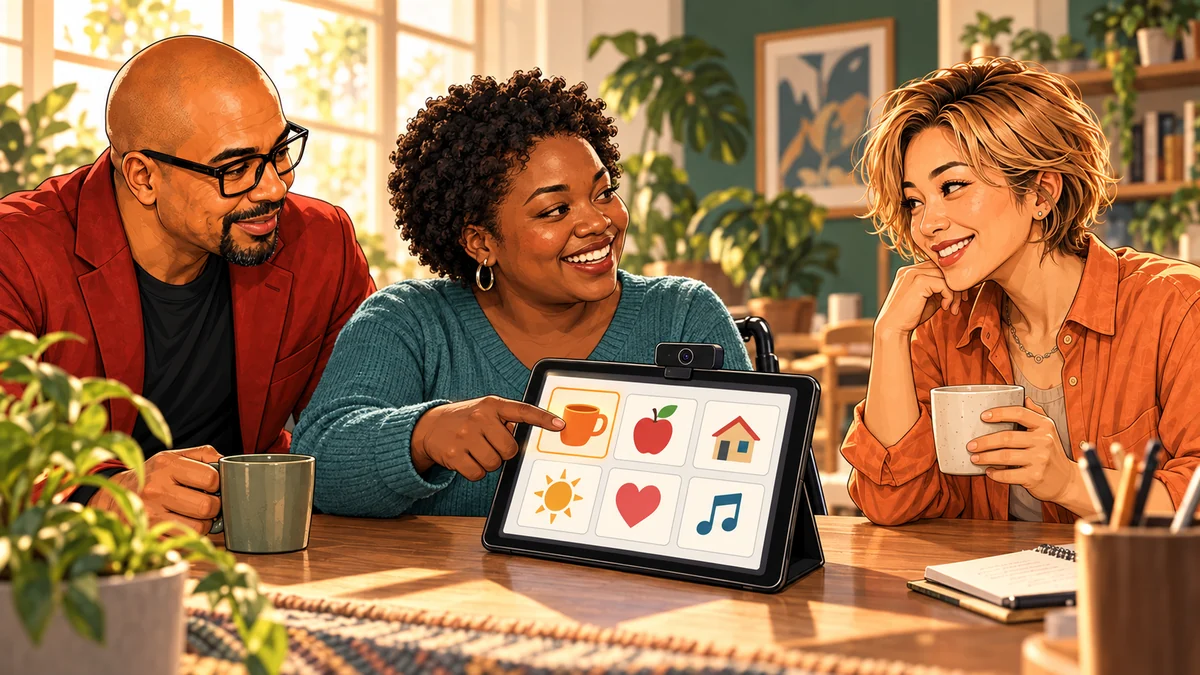 A woman selects a cup picture on a communication tablet while Patrick and Su listen