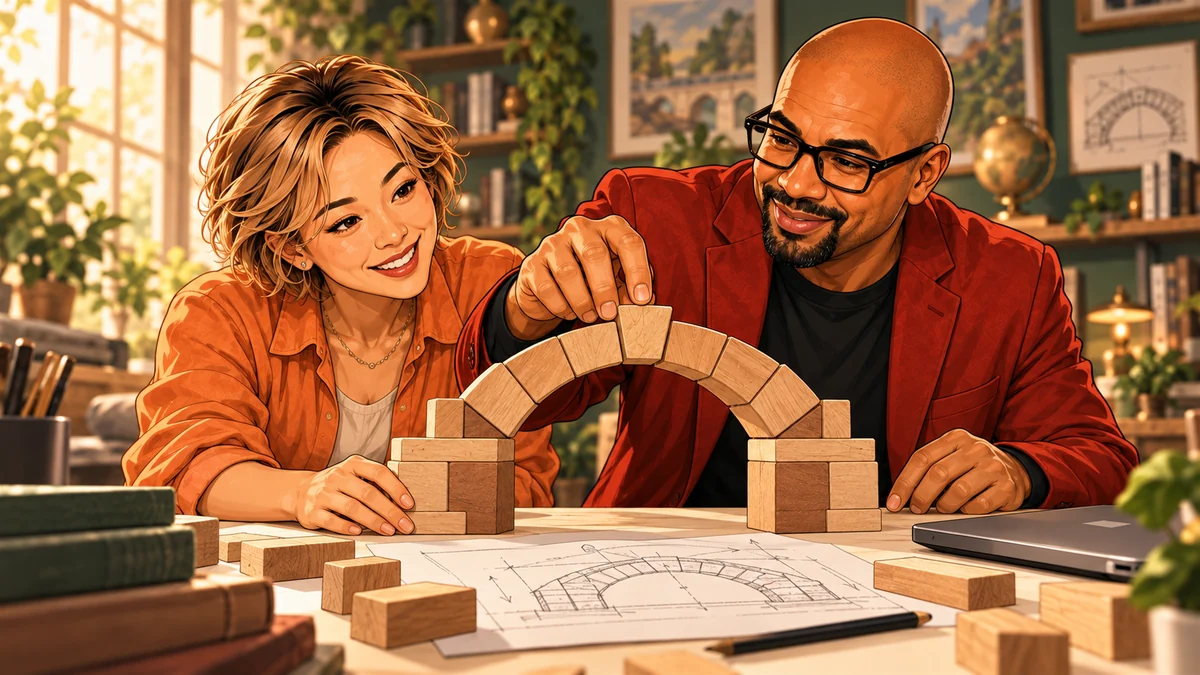 Patrick and Su build a wooden arch bridge, placing the keystone on solid foundations