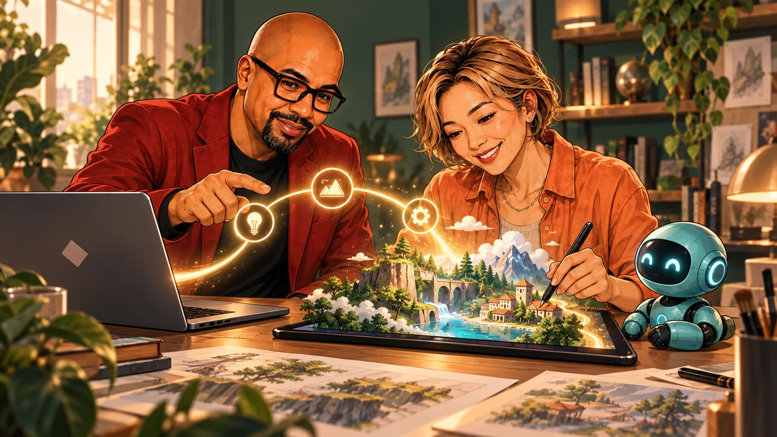 Patrick and Su bring an illustrated miniature world to life at their studio workbench with a friendly teal robot