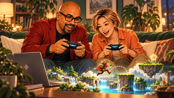 Patrick and Su explore a colorful game world