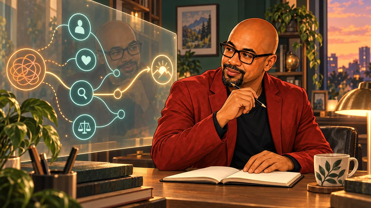 Patrick reflects on his notebook beside a glass thought map that mirrors his face