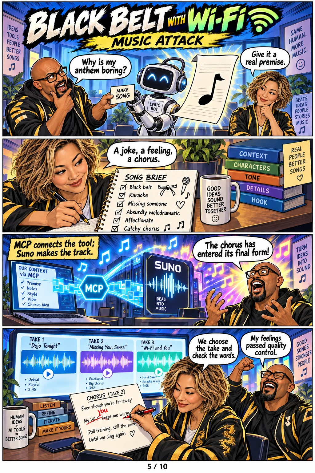 A specific song brief travels over an MCP connection to Suno, then Patrick and Su compare takes and check the words.