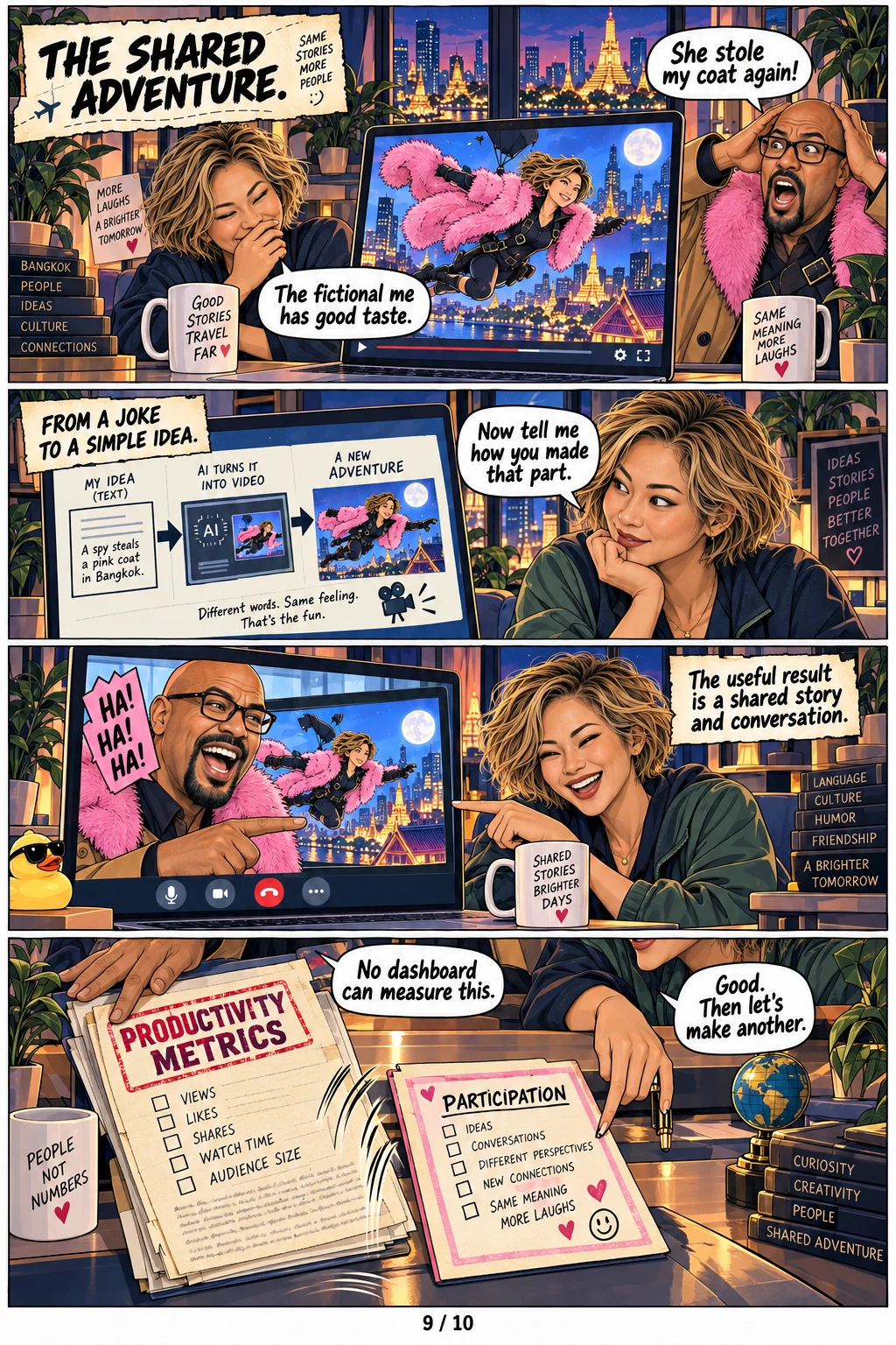 Su laughs at her fictional adventure, asks Patrick how he made it, and shares a conversation that matters beyond productivity metrics.