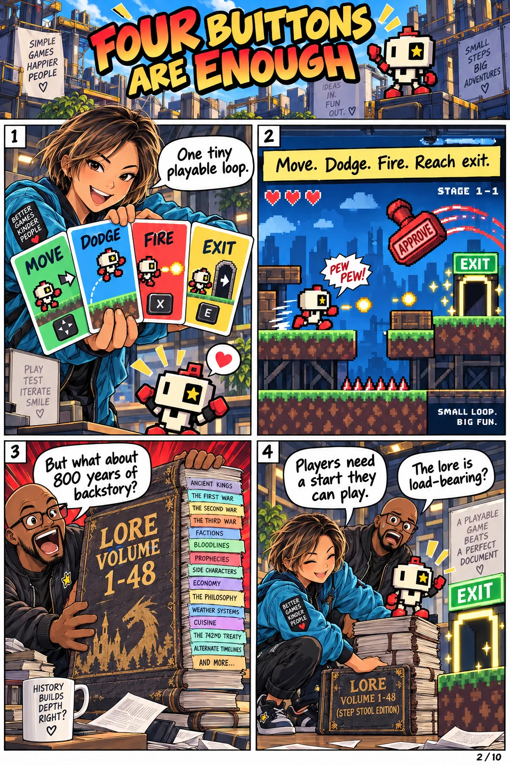 Su defines move, dodge, fire and exit as a tiny playable loop; Patrick’s forty-eight-volume lore book becomes a step stool.