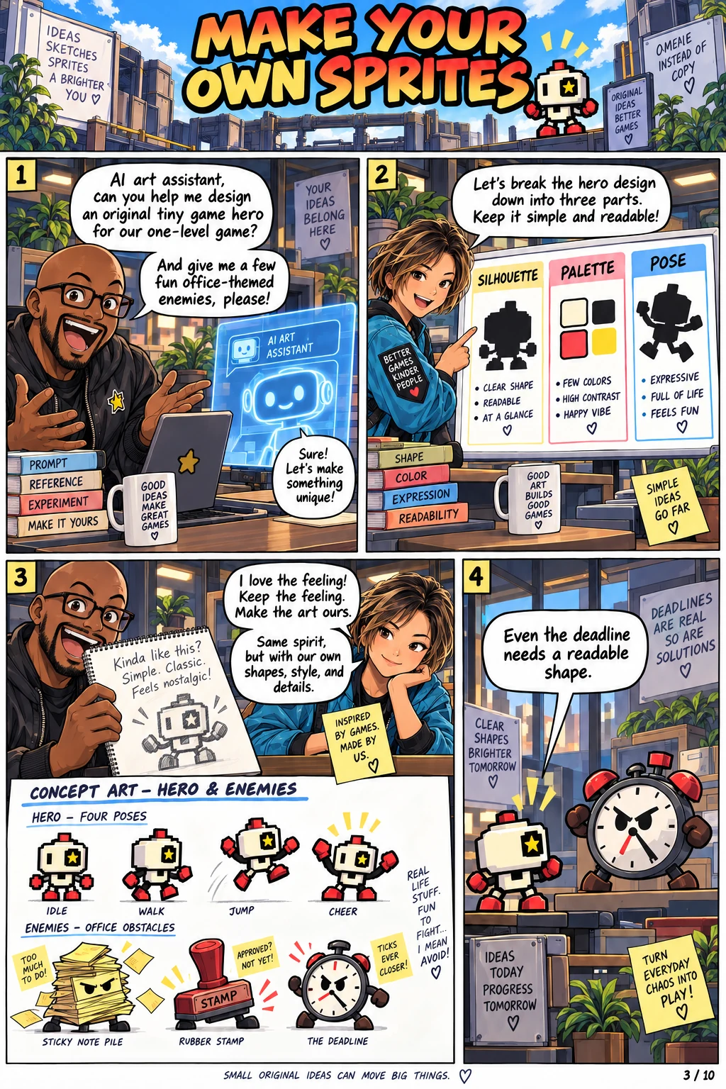 Patrick asks an AI art assistant for original game art while Su establishes silhouette, palette and pose rules for one consistent robot and three office-themed obstacles.
