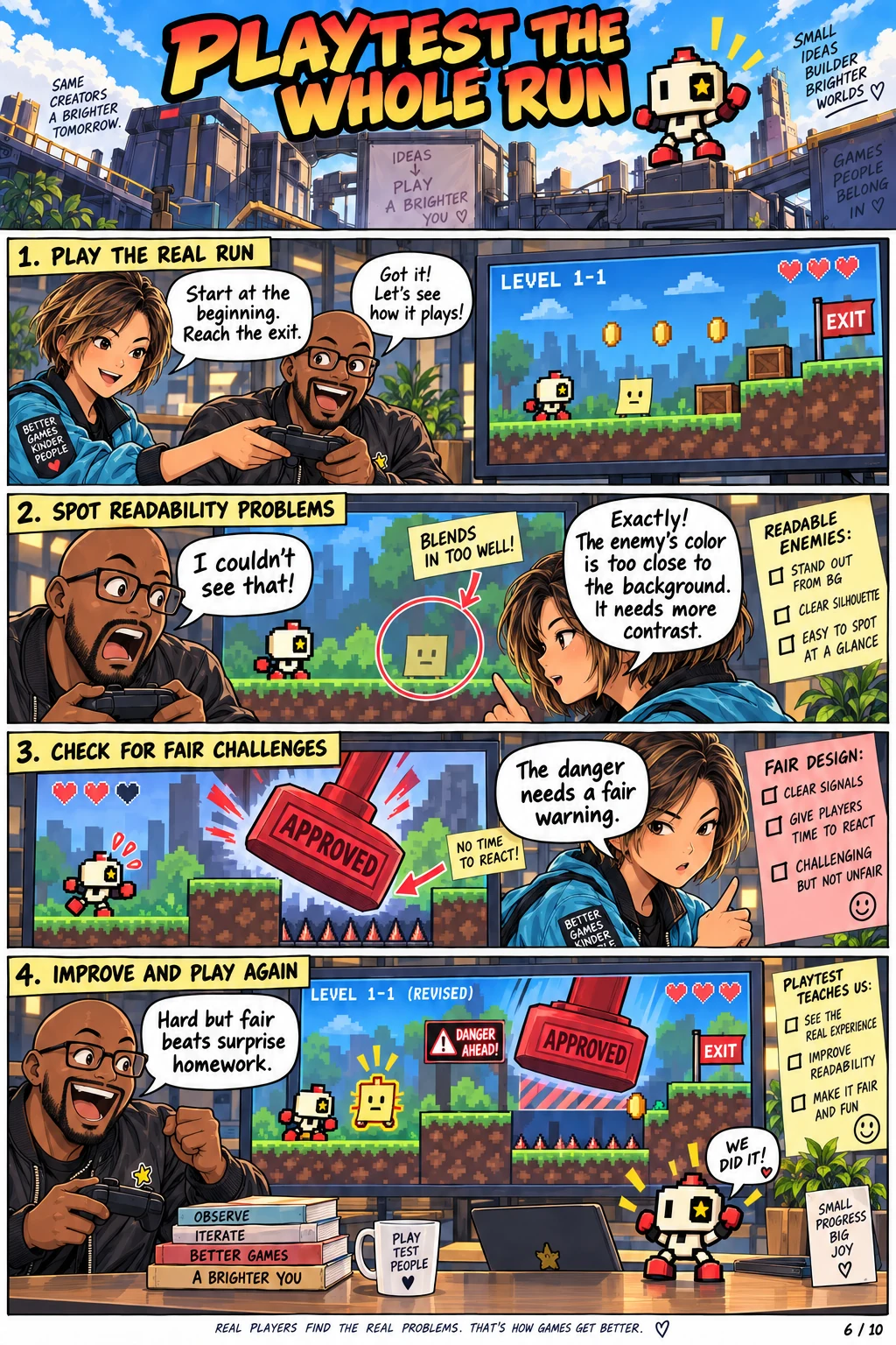 Patrick plays the level; an enemy blends into the background and an unfair stamp attack reveals where visibility and warning need improvement.