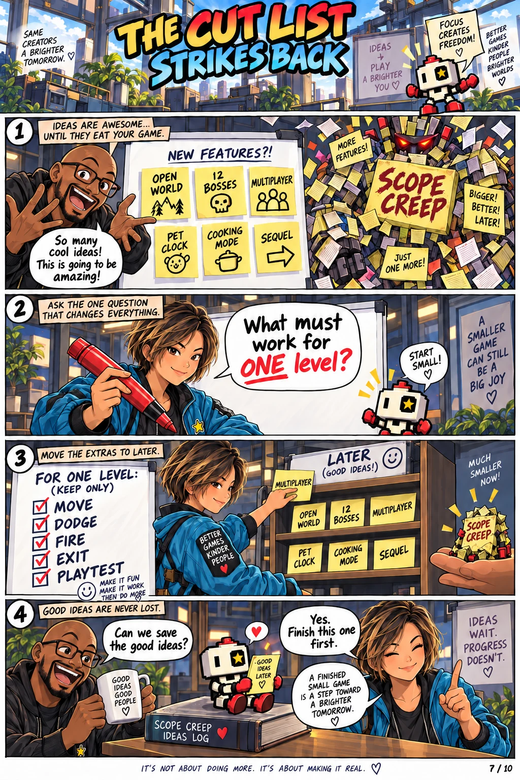 Su places extra modes on an Ideas Later shelf and keeps move, dodge, fire, exit and playtest for the one-level game.