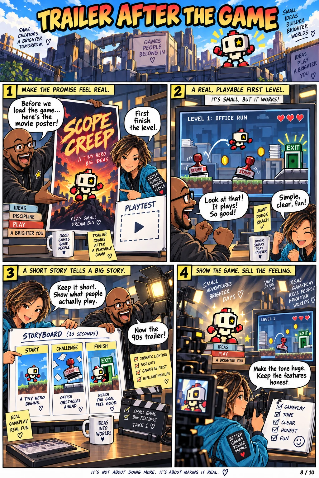 After the level works, Patrick and Su storyboard a short action-movie-style trailer based on the game's real start, challenge and finish.