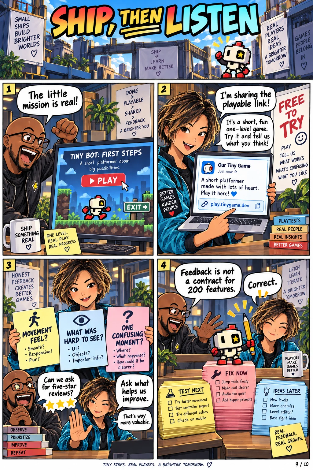 They share a playable link and ask specific questions about movement, visibility and confusion, sorting feedback into fix, test and later notes.