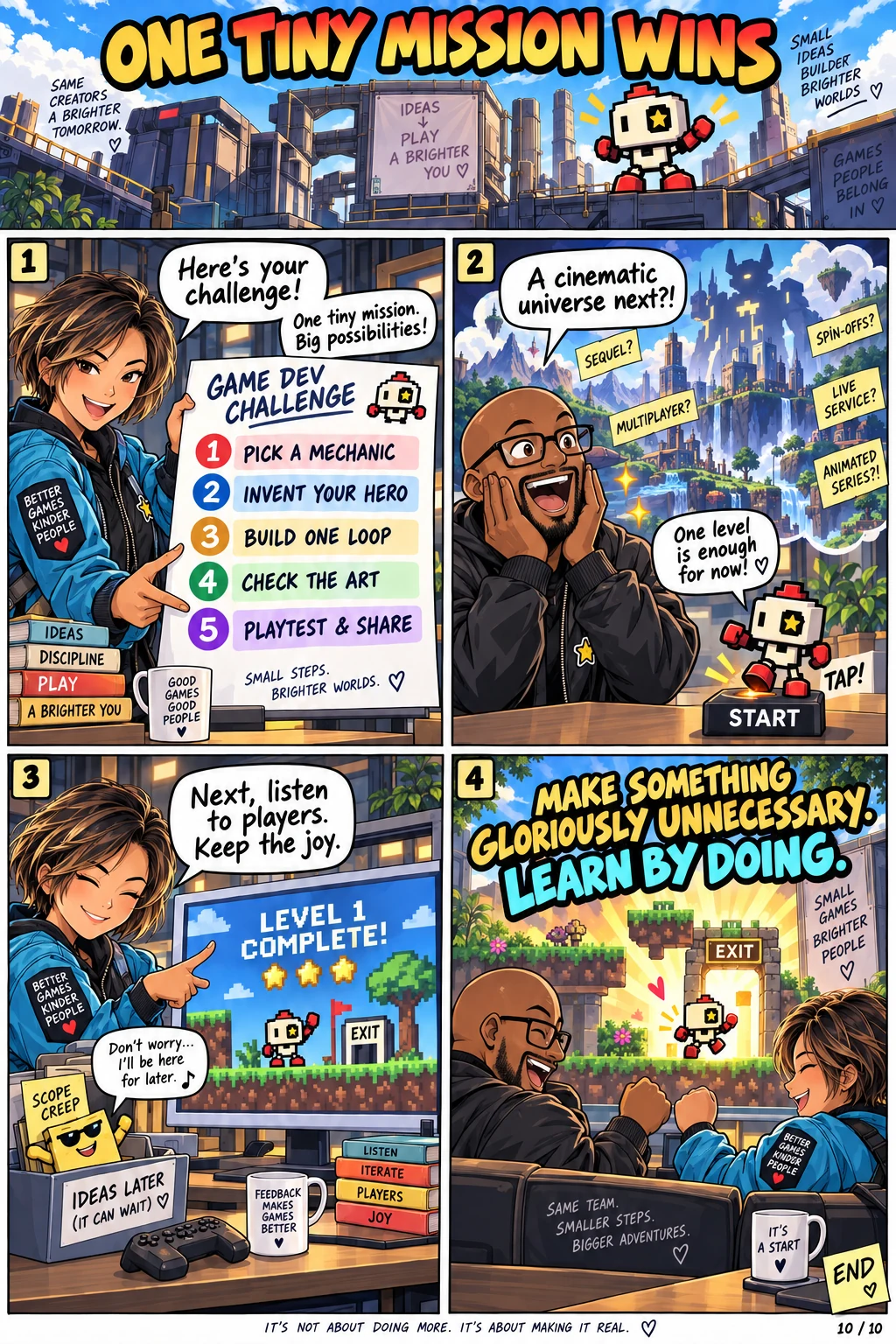 Su gives readers five steps for their own tiny game; Patrick imagines sequels while the little robot presses Start and reaches Exit.