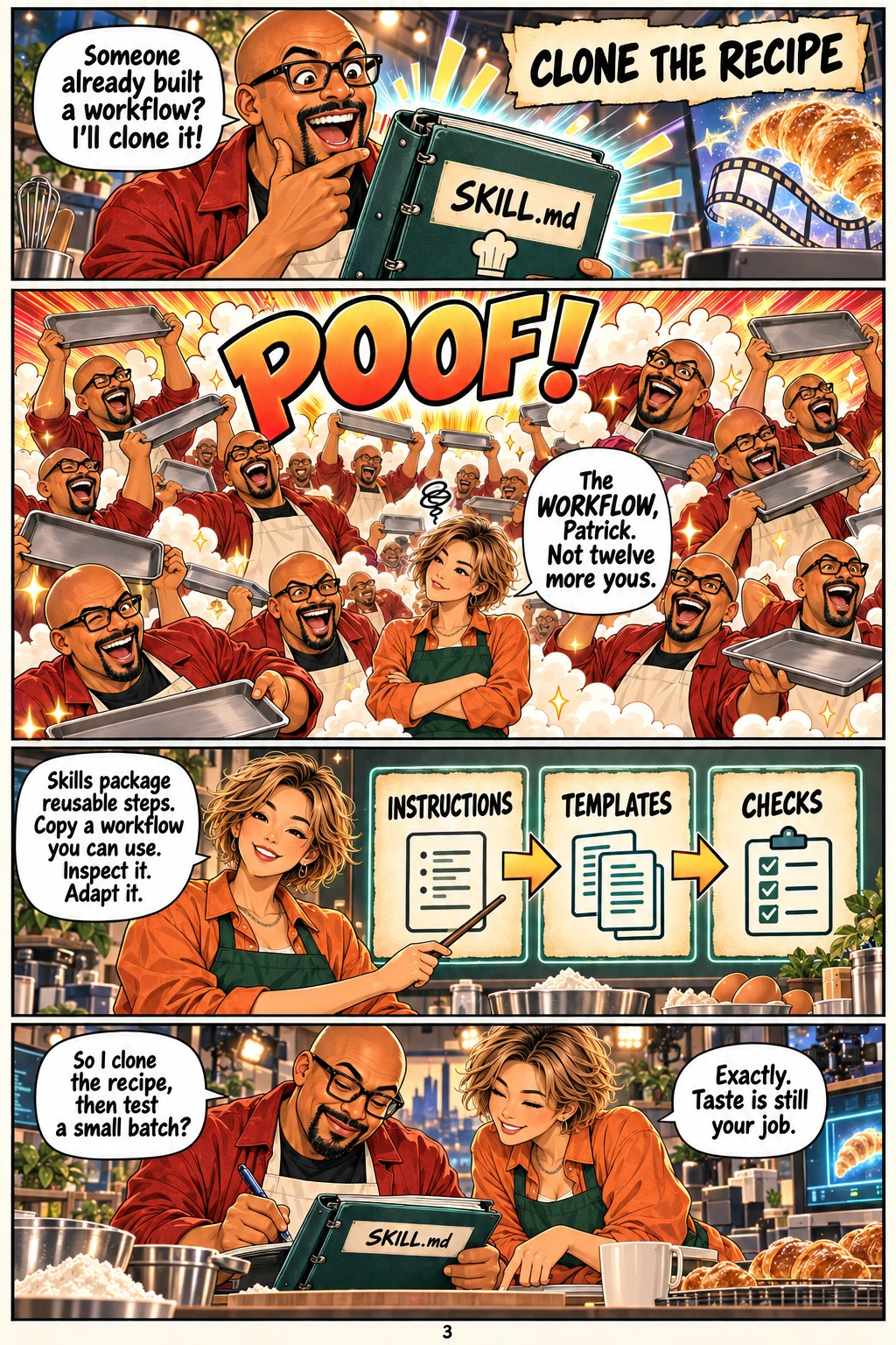 A workflow recipe creates many imaginary Patrick chefs, and Su explains that skills clone reusable steps, not judgment.