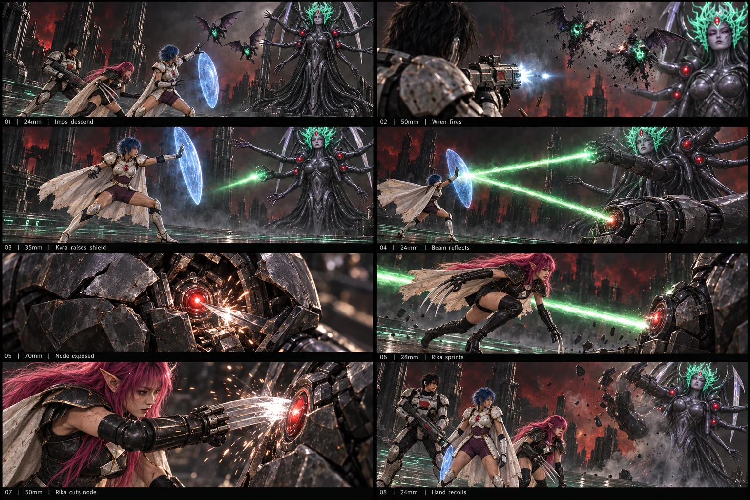 Eight-panel battle storyboard showing Wren firing, Kyra reflecting a green beam and Rika attacking the giant enemy's exposed mechanical node