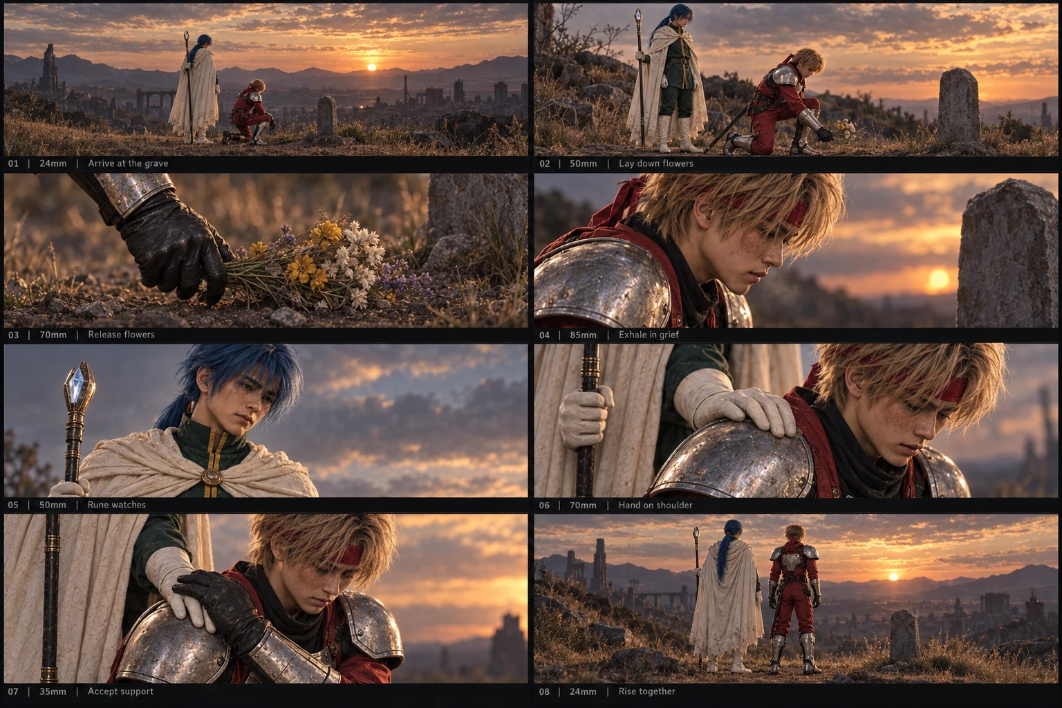 Eight-panel storyboard of Chaz laying flowers at Alys's grave while Rune offers a hand on his shoulder at sunset