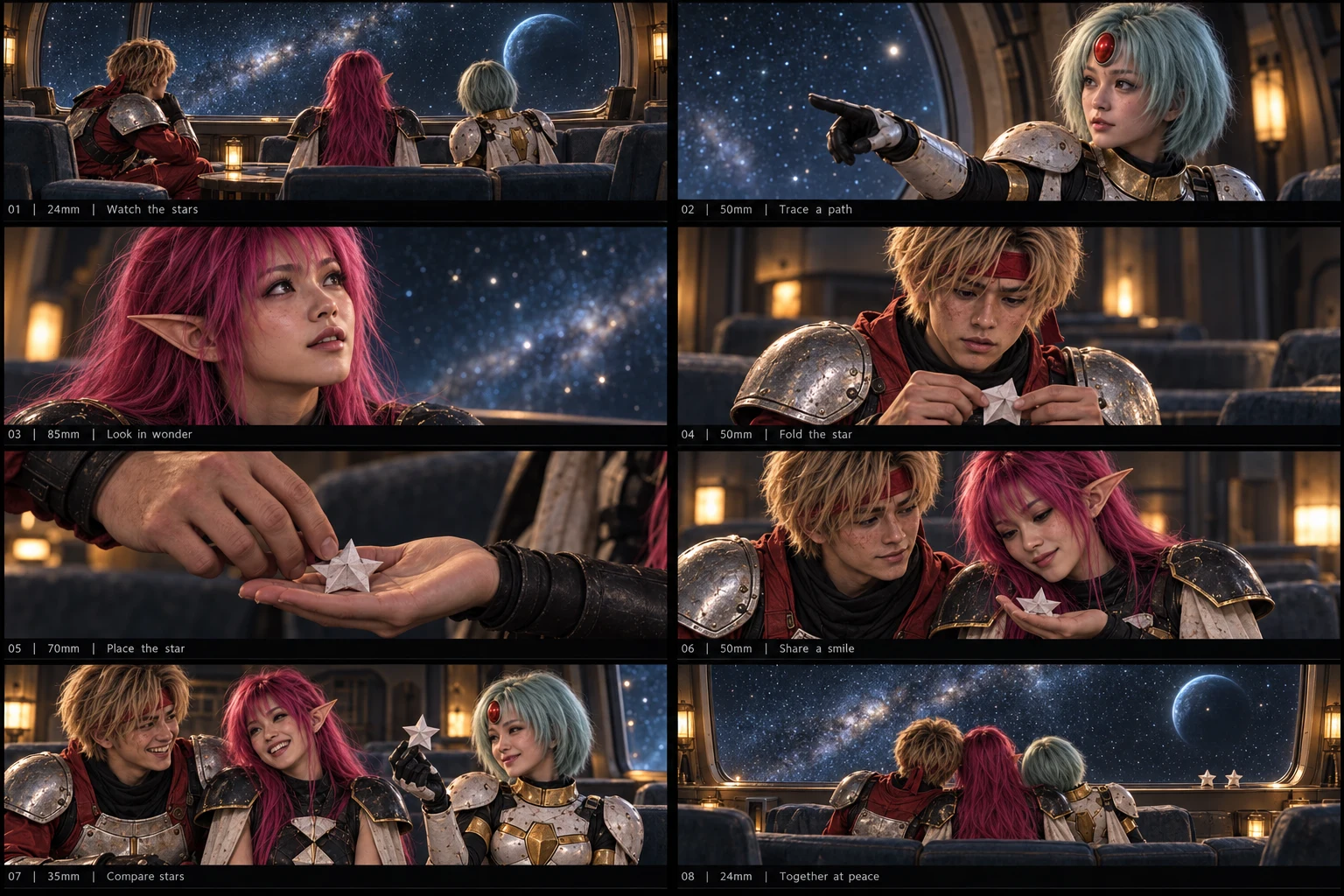 Eight-panel storyboard of Chaz, Rika and Demi watching stars and sharing a folded paper star aboard Landale