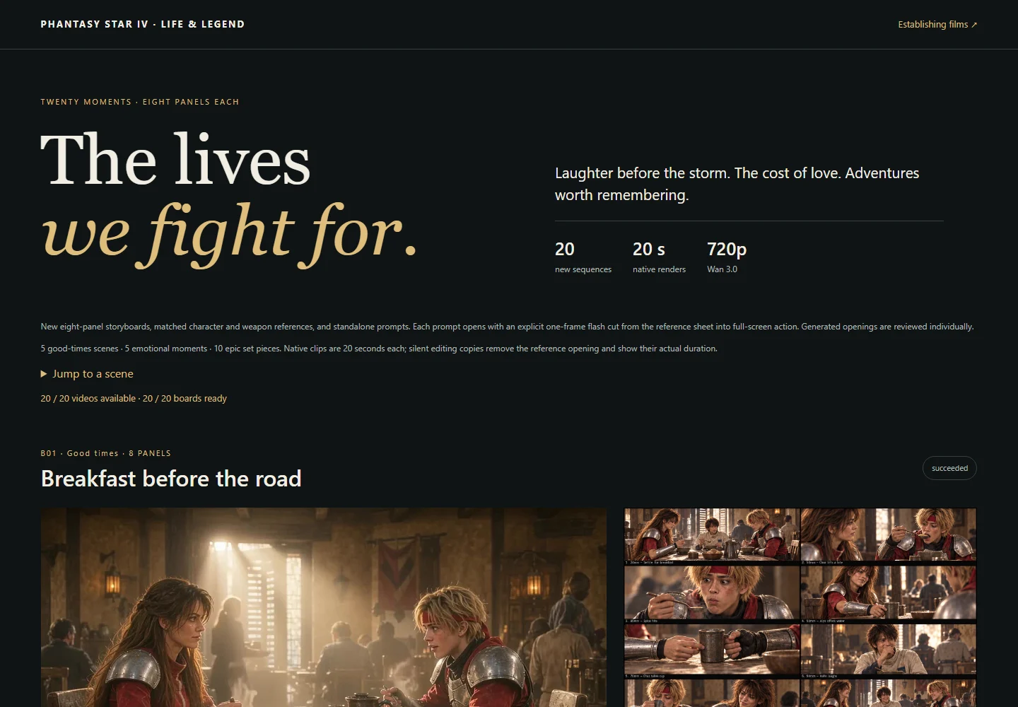 The project's review dashboard pairs generated videos with eight-panel storyboards and tracks twenty available scenes