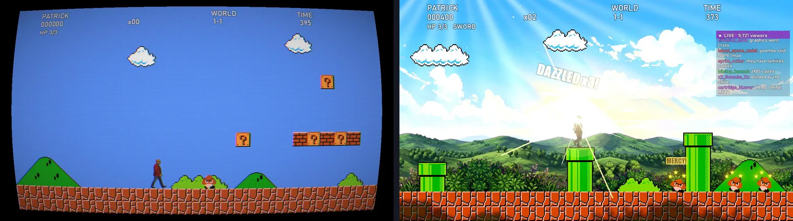 The same moment of World 1-1 side by side: a flat 1985 CRT frame on the left, and the 2026 remaster with painted hills, god rays, a head-shine flare and a live chat overlay on the right