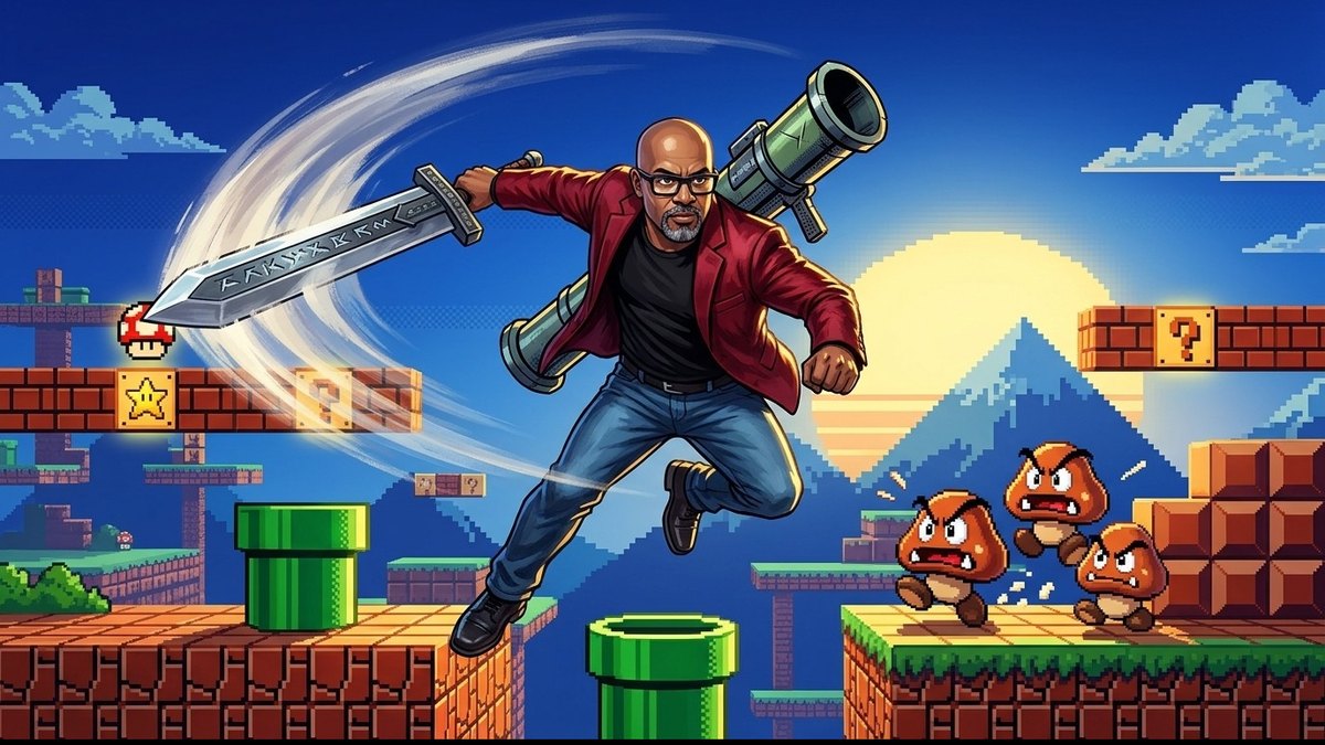 Key art of Patrick in a red blazer leaping through a pixel-art Mario world with a sword and a rocket launcher while three goombas panic