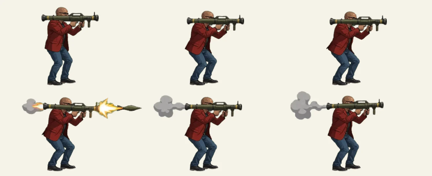 Six animation frames of Patrick crouching with a shoulder-mounted rocket launcher, firing, and the back-blast smoke clearing